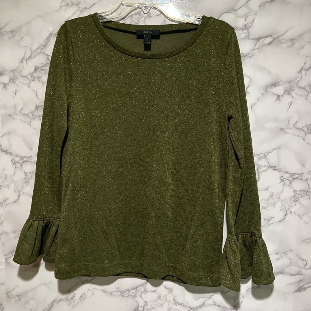 J Crew Sparkle Bell Sleeve Blouse Top Size XS Green